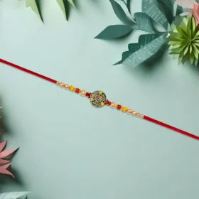 Traditional Antique Om Rakhi with Golden Beads & Red Thread – Raksha Bandhan Special