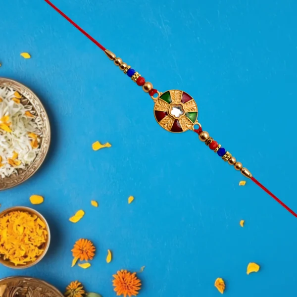 Designer Kundan Rakhi – Golden Round Dial with Beads & Multicolor Accents