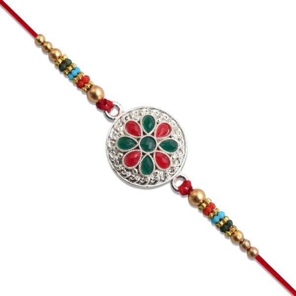 Traditional Silver Floral Rakhi with Colorful Stones – Raksha Bandhan 2025