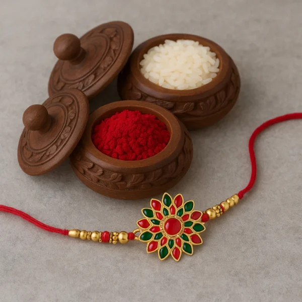 Red & Green Stone Flower Rakhi with Designer Finish