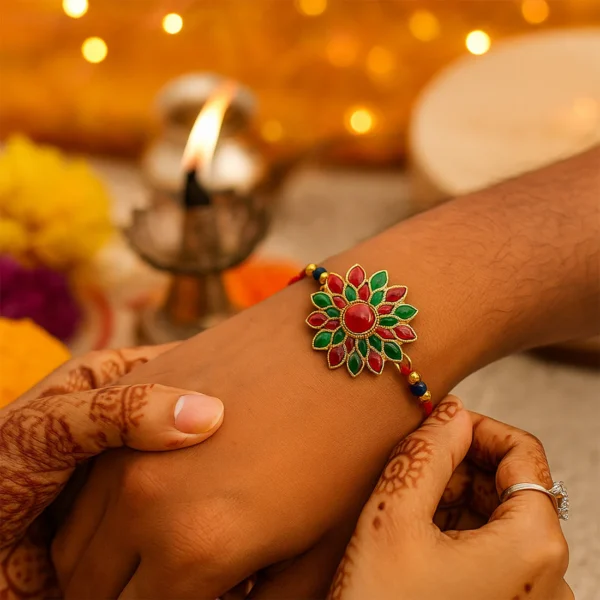 Traditional Flower Design Rakhi with Colored Stones