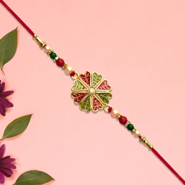 Bright Floral Centerpiece Rakhi with Ethnic Thread