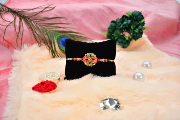 Designer Floral Rakhi with Colorful Enamel Petals and Golden Beads – Raksha Bandhan 2025