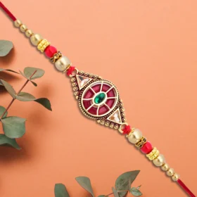 Royal Designer Rakhi for Brother – Kundan Center, Enamel Detailing & Golden Beads
