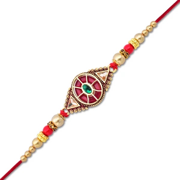 Luxurious Rakhi with Kundan, Red-Green Enamel & Golden Beads