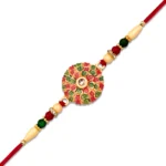 Traditional Kundan Rakhi with Rudraksha & Golden Floral Base