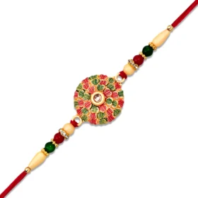 Traditional Kundan Rakhi with Rudraksha & Golden Floral Base