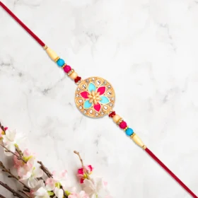 Pink Blue Floral Rakhi – Round Enamel Design for Bhai