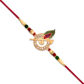 Krishna Flute Rakhi with Stone-Studded Peacock Feather Charm
