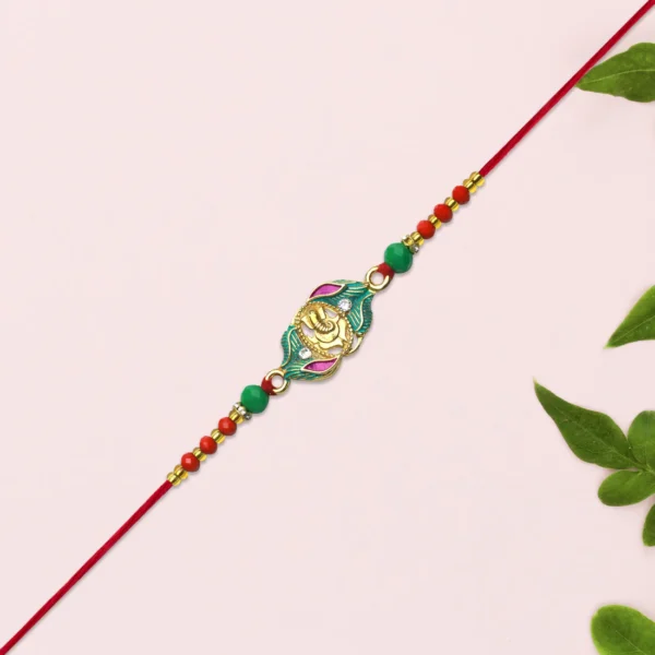 Handcrafted Ganesh Rakhi with Leaf Design – Traditional Charm for Bhai