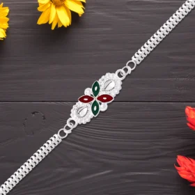 Floral Metal Chain Rakhi with Red-Green Enamel Accents
