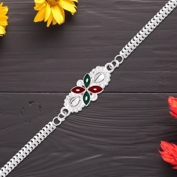 Floral Metal Chain Rakhi with Red-Green Enamel Accents