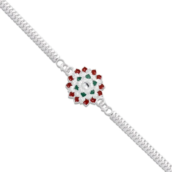 Round Silver Chain Rakhi with Red-Green Enamel Highlights