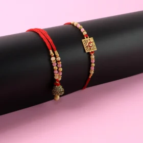 Designer Bhaiya Bhabhi Rakhi Set with Pink Beads, Square Motif & Heart Charm
