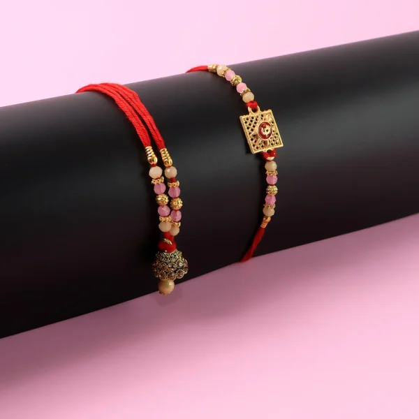 Designer Bhaiya Bhabhi Rakhi Set with Pink Beads, Square Motif & Heart Charm