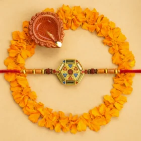 Hexagonal Meenakari Rakhi with Diya & Marigold Flowers
