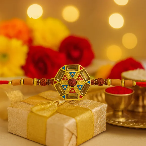 Designer Hexagonal Meenakari Rakhi – Diya & Floral Touch