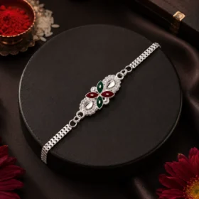 Elegant Floral Rakhi with Red-Green Enamel Work & Metal Chain