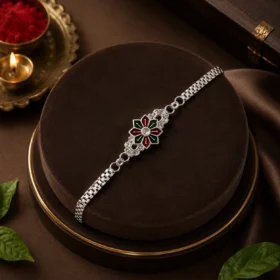 Elegant Floral Silver Rakhi for Brother | Premium Red Green Flower Designer Raksha Bandhan Rakhi