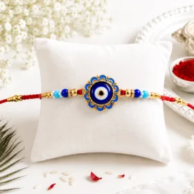 Evil Eye Rakhi with Blue Beads and Golden Accents – Protective Nazar Design with Roli & Chawal