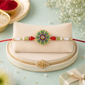 Green Petal Bloom Rakhi | Handcrafted Green & Red Designer Rakhi for Bhai