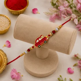Kids Rakhi with Cute Red Car Motif and Beaded Thread Design