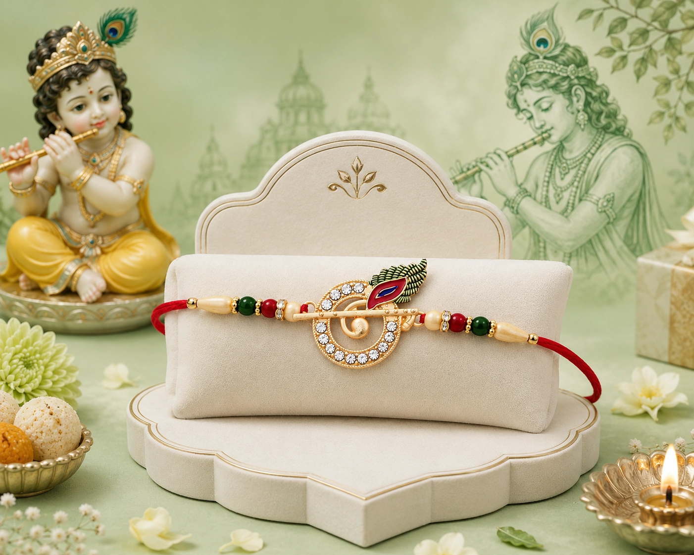 Krishna Flute Rakhi with Stone Studded Peacock Feather Design