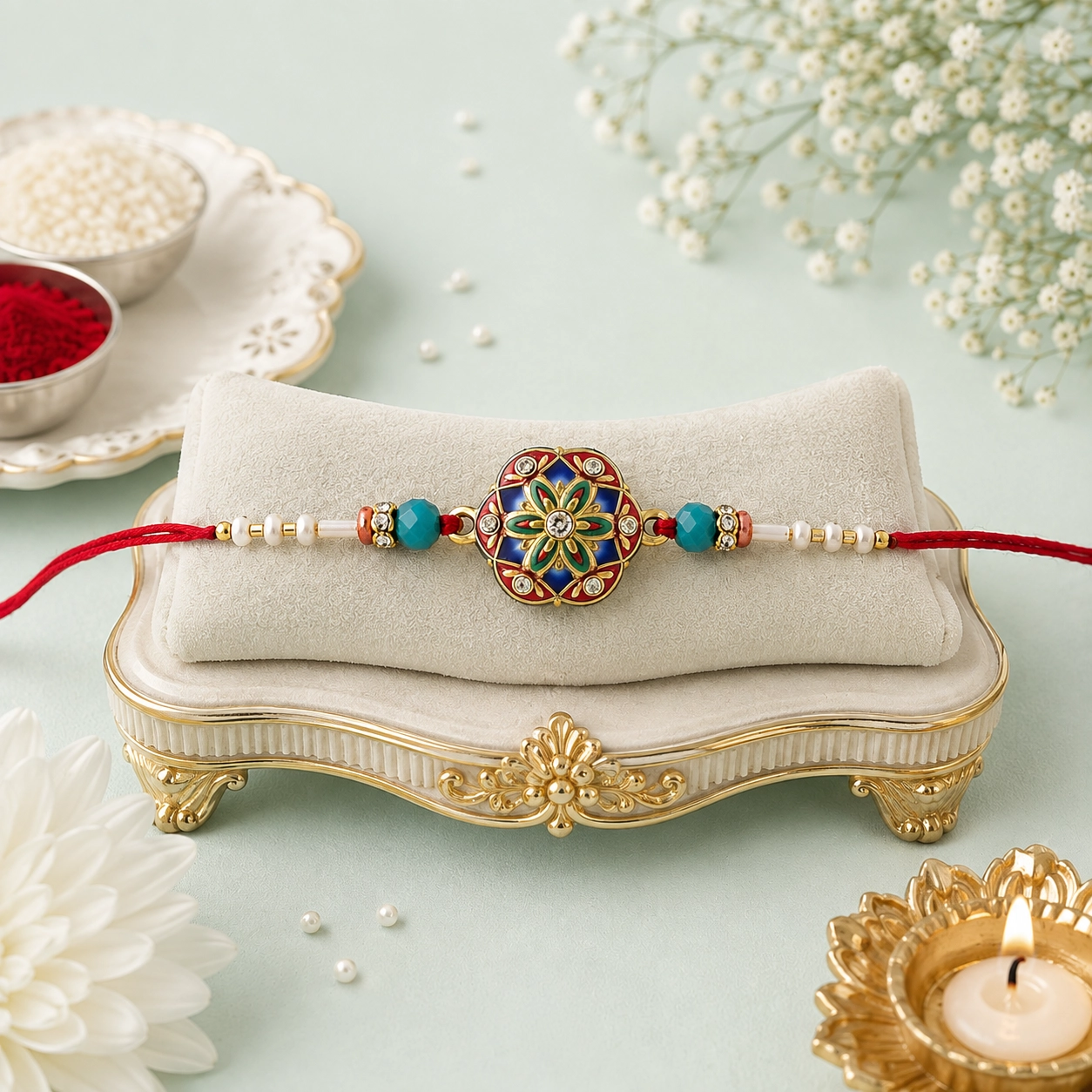 Pink Mandala Floral Rakhi for Brother | Elegant Meenakari Floral Rakhi with Beads & Red Mauli Thread