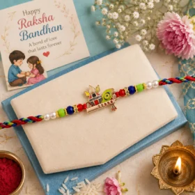 Kalash Rakhi with Flute and Peacock Feather Design