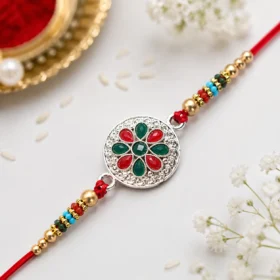 Silver Plated Floral Rakhi with Red & Green Stones – Traditional Designer Rakhi for Brother with Roli Chawal