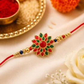 Red and Green Colored Stone Flower Design Rakhi – Designer Floral Rakhi for Brother with Roli Chawal