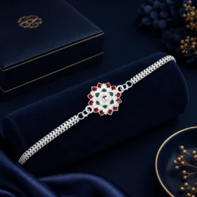 Round Shape Silver Chain Rakhi with Red-Green Accents