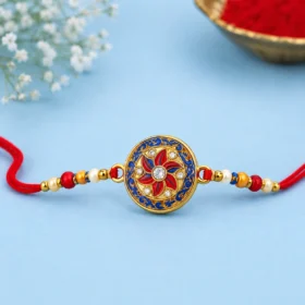 Royal Blue/Red Floral Rakhi with Golden Finish, Decorative Beads & Sacred Red Thread for Brother | Traditional Raksha Bandhan Rakhi
