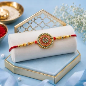 Royal Designer Fancy Rakhi with Kundan Centerpiece, Red & Green Enamel Work