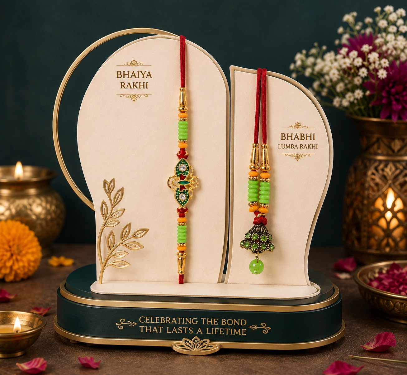 Traditional Bhabhi Lumba Rakhi with Beaded Design and Floral Centerpiece Hanging