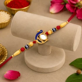 Veera Name Mor Rakhi with Peacock Design, Mirror Work & Roli Chawal