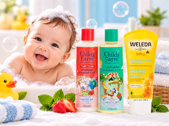 Baby bath and bathing products including baby shampoo, body wash and bath essentials