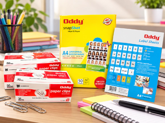 Office stationery and supplies including paper, clips, labels, files and writing essentials