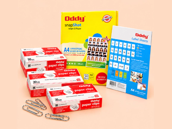 Office stationery and supplies including paper, clips, labels, files and writing essentials